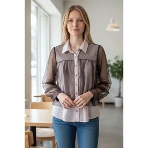 RYU Sheer Mesh Button-Down Blouse L | Fairycore Y2K Cottagecore Goth Chic